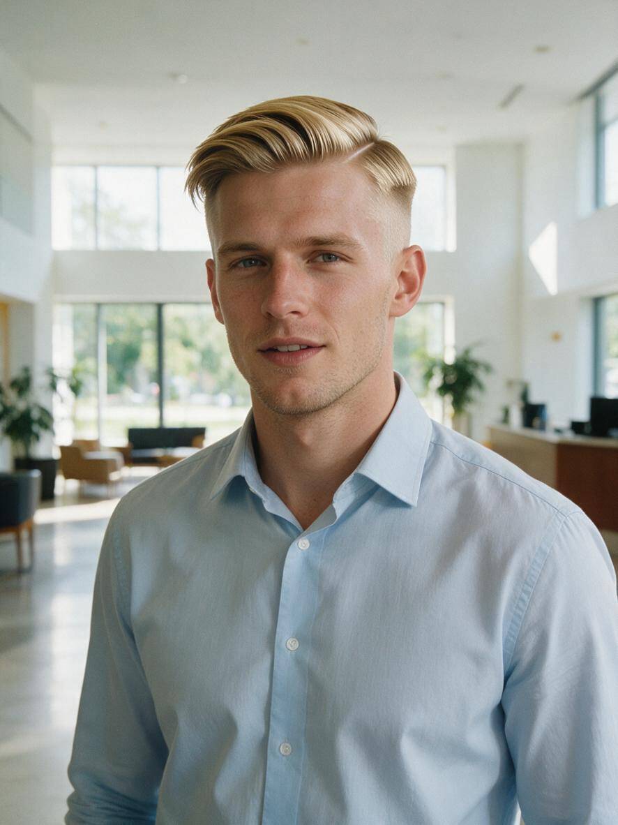 Fryzura undercut z przedziałkiem side part w kolorze blond