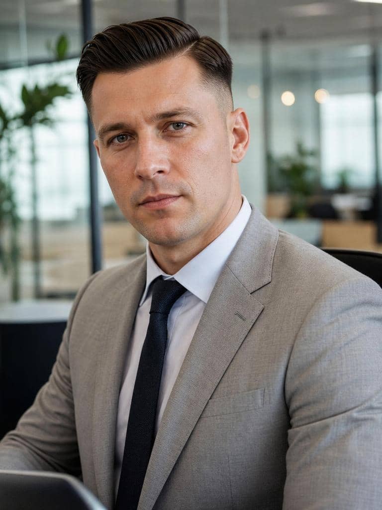 Fryzura undercut z przedziałkiem side part dla bruneta