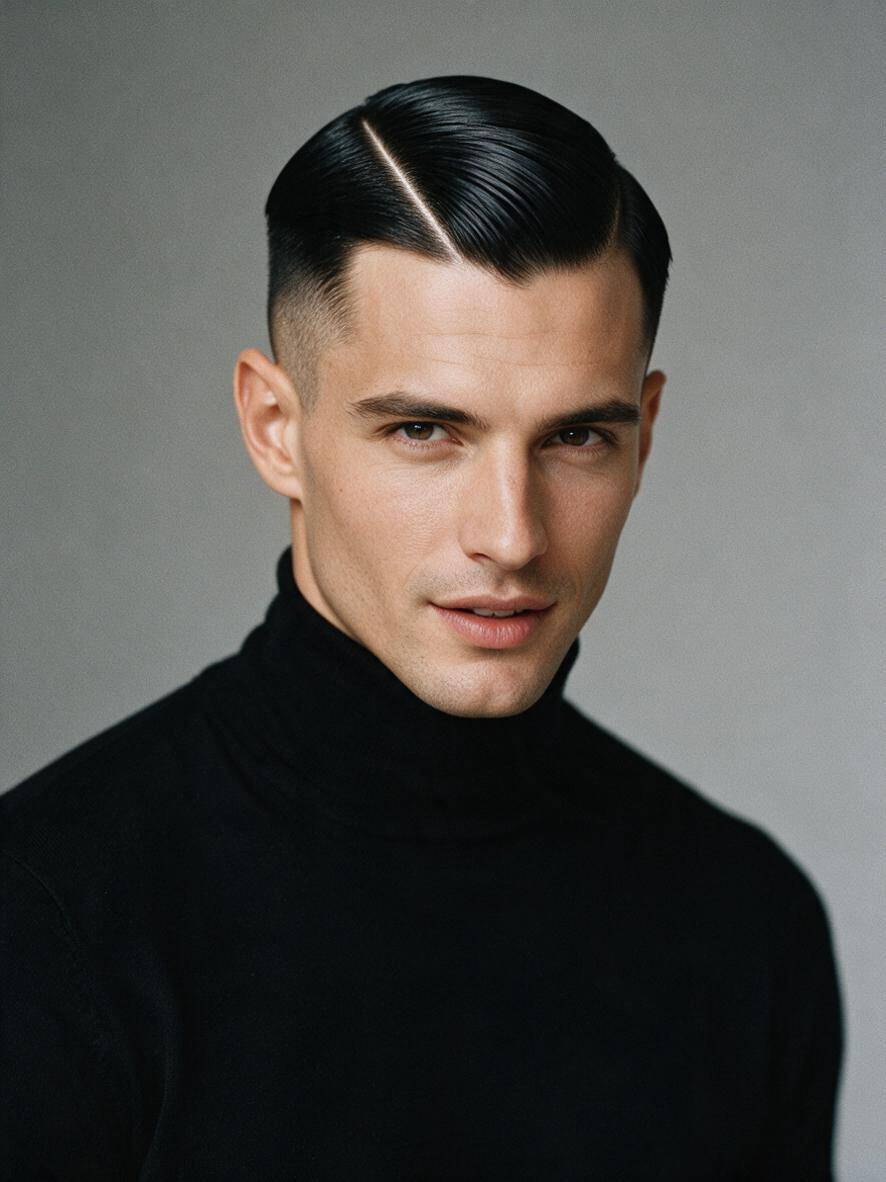 Fryzura undercut z przedziałkiem side part w kolorze czarnym