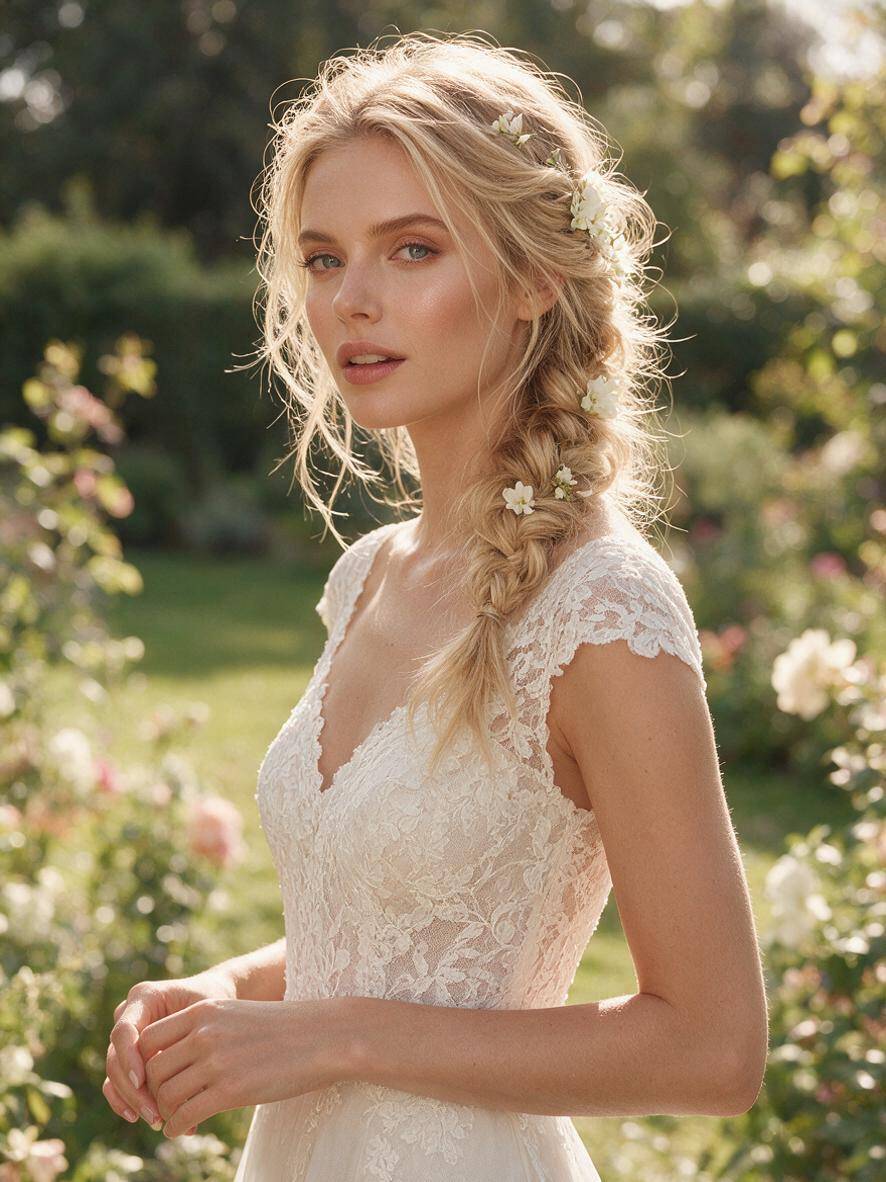 Fryzura z warkoczem na wesele boho z kwiatami na blond włosach