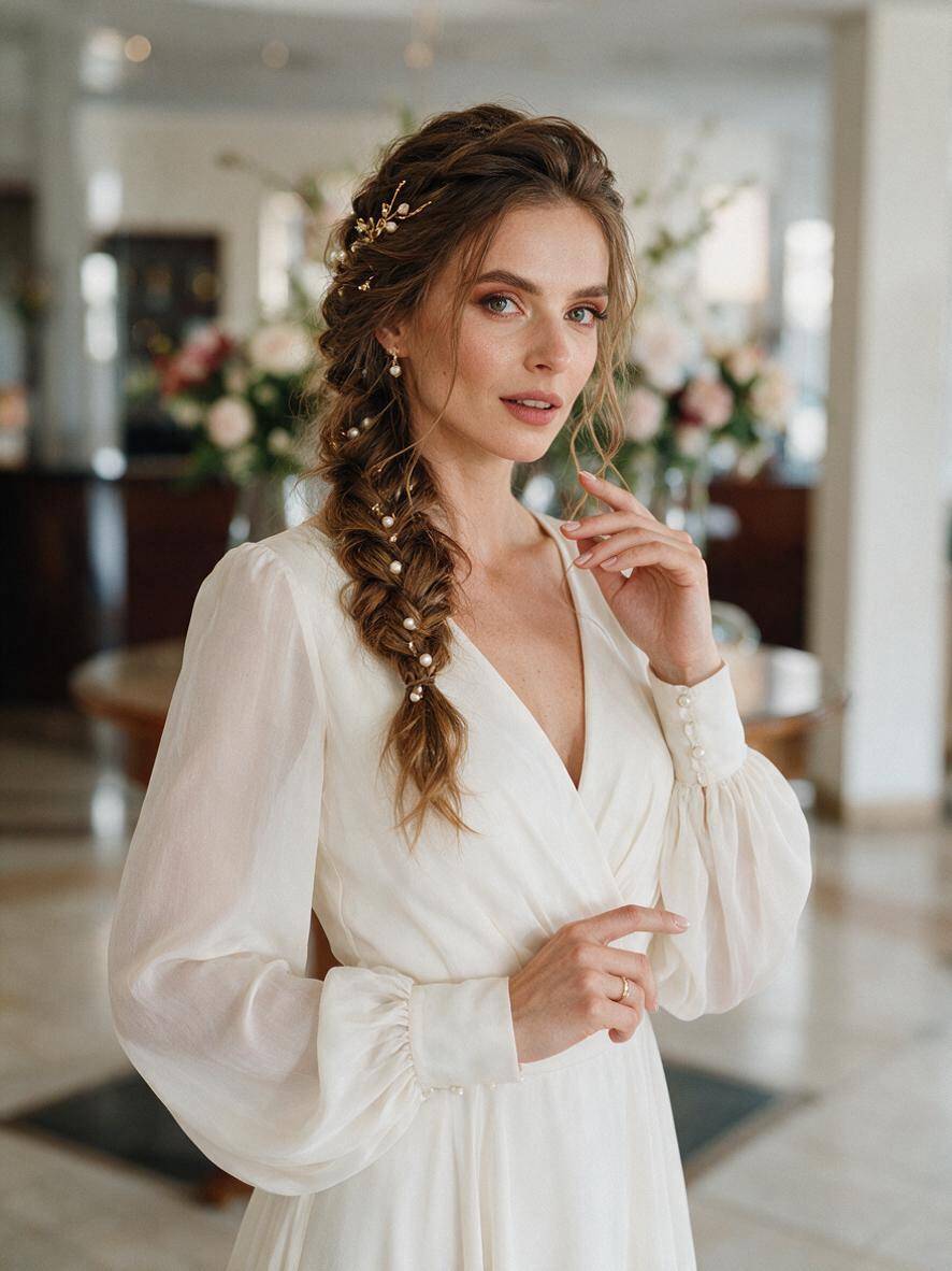 Fryzura z warkoczem na wesele boho z ozdobnymi wsuwkami na brązowych włosach