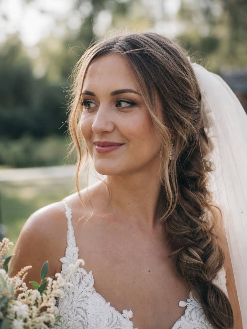 Fryzury z warkoczem na wesele boho z welonem na ciemnoblond włosach