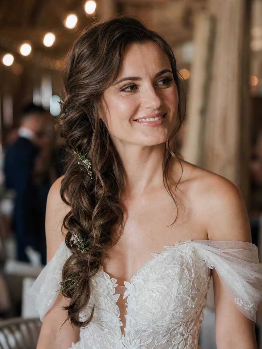 Fryzury z warkoczem na wesele boho z gałązkami zieleni w kasztanowych włosach