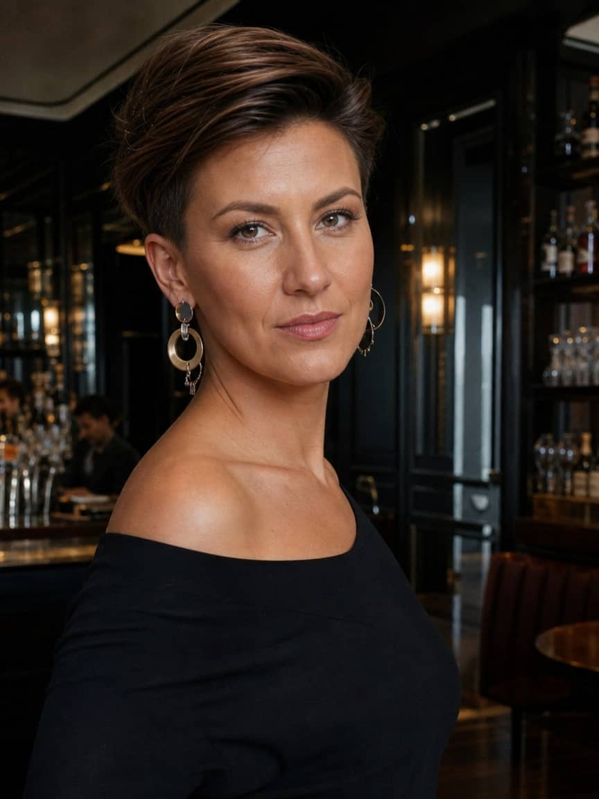Fryzura wieczorowa na krótkie włosy - elegancki pixie u kobiety o kasztanowych włosach