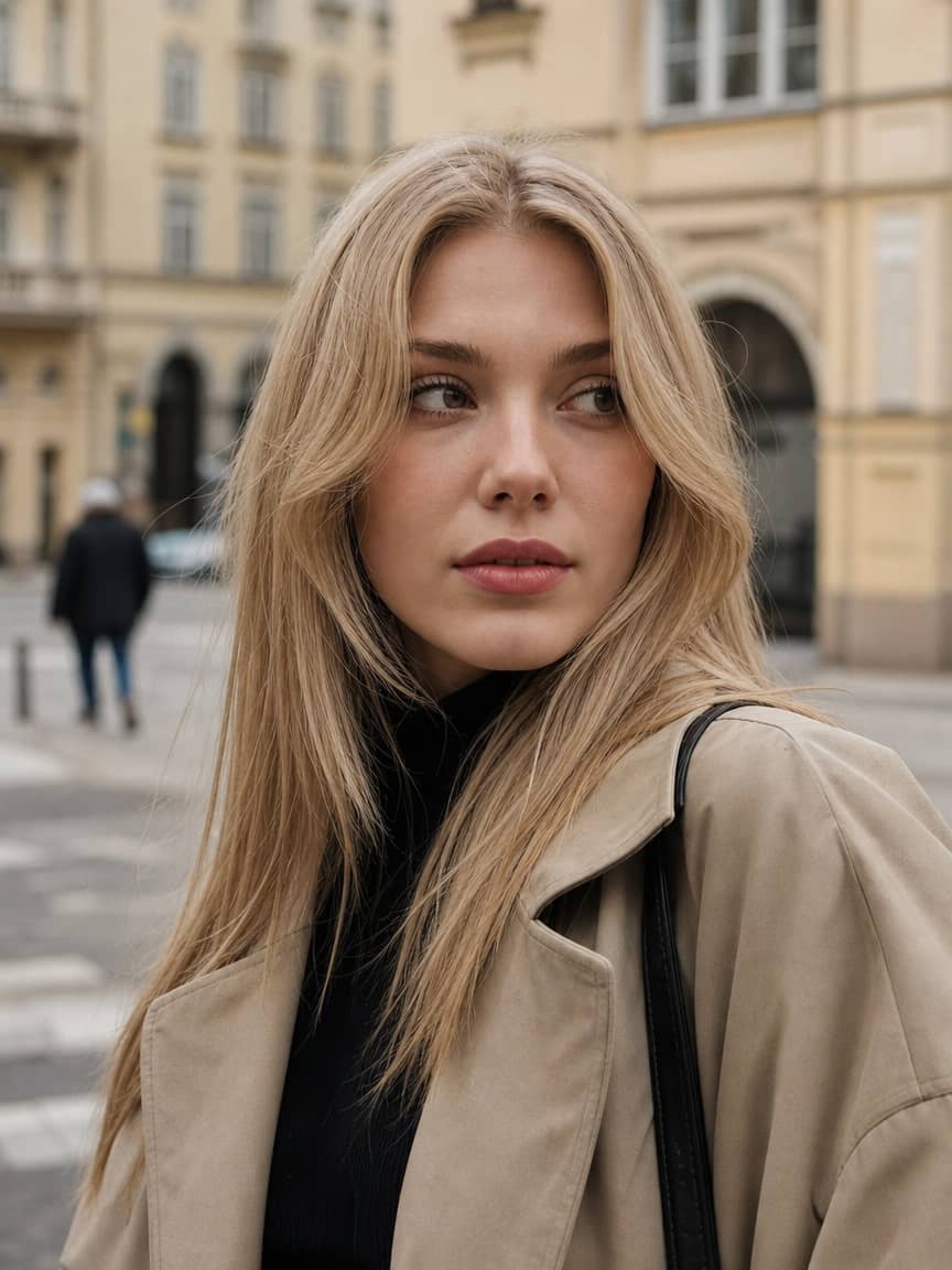 Długa grzywka zaczesana na boki w blondzie w mieście