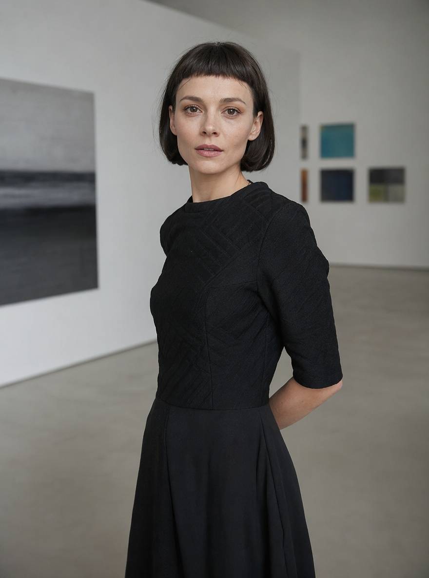 Mikro grzywka u brunetki we wnętrzu galerii sztuki