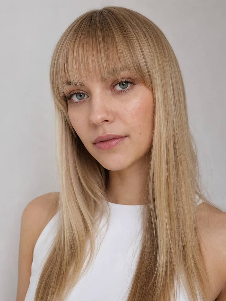 Prosta grzywka cięta w linii w blondzie w studio