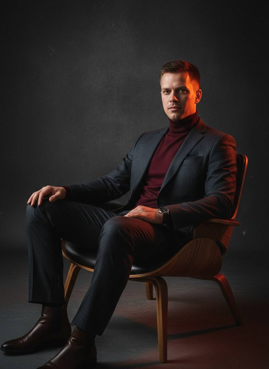 Mężczyzna w grafitowej marynarce i bordowym golfie siedzi w drewnianym fotelu, dramatyczne ciemne tło i pomarańczowe światło budują nastrój sesji biznesowej AI.