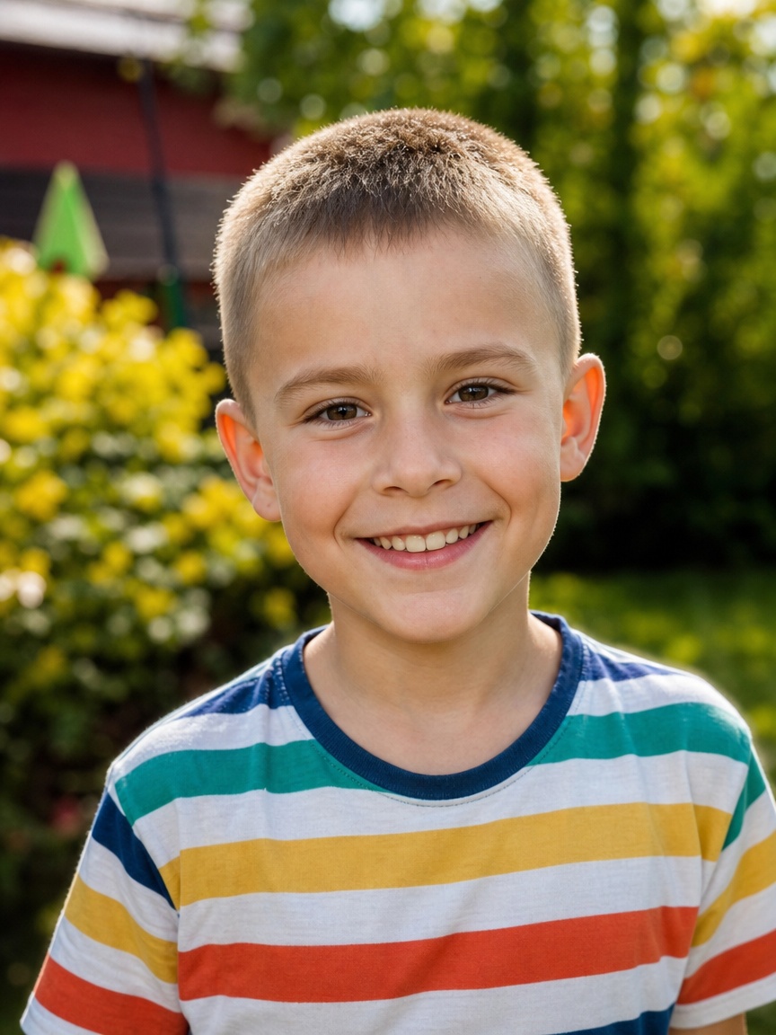 Buzz cut dla chłopca w kolorze jasny brąz w ogrodzie