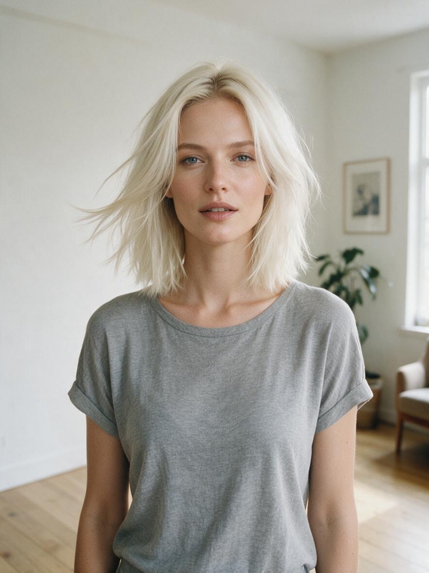 Fryzura cieniowana do ramion w platynowym blondzie w jasnym studio