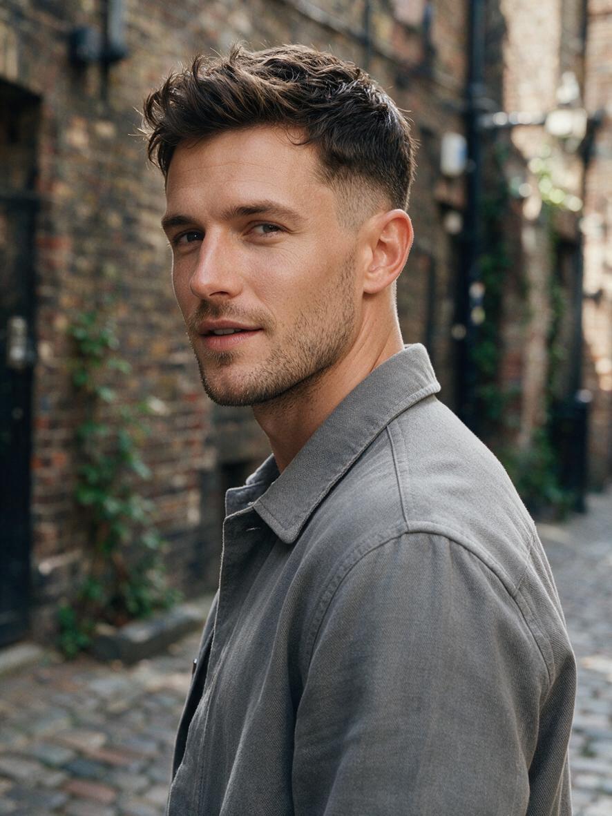 Fryzura crop fade na ciemnobrązowych włosach z drop fade