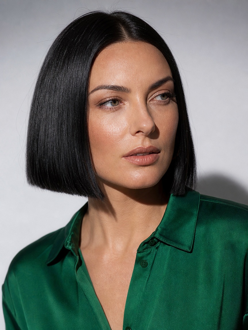 Krótki bob z efektem glass hair - idealnie gładkie lśniące włosy