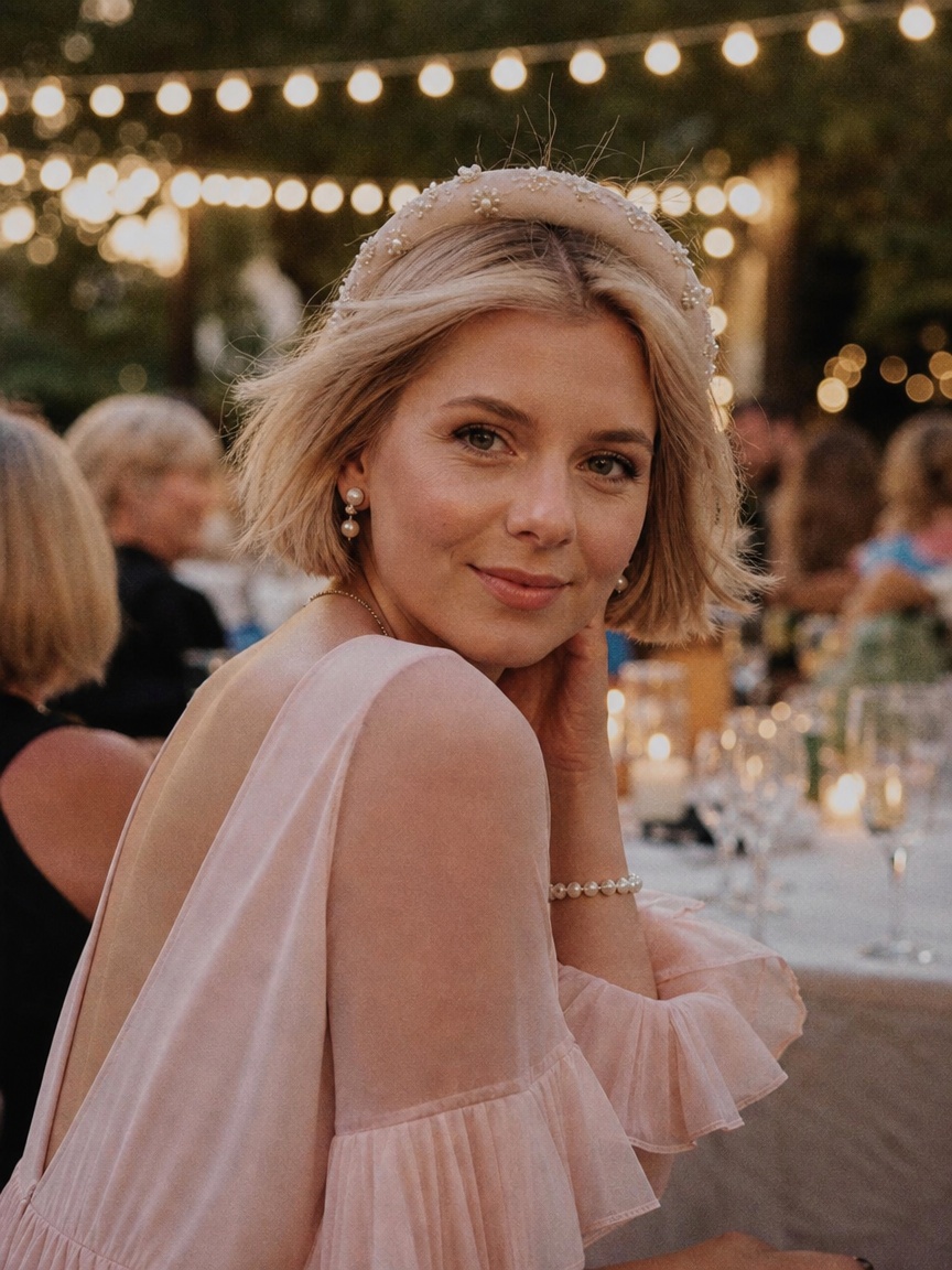 Elegancka krótka fryzura damska z ozdobną opaską z perełkami