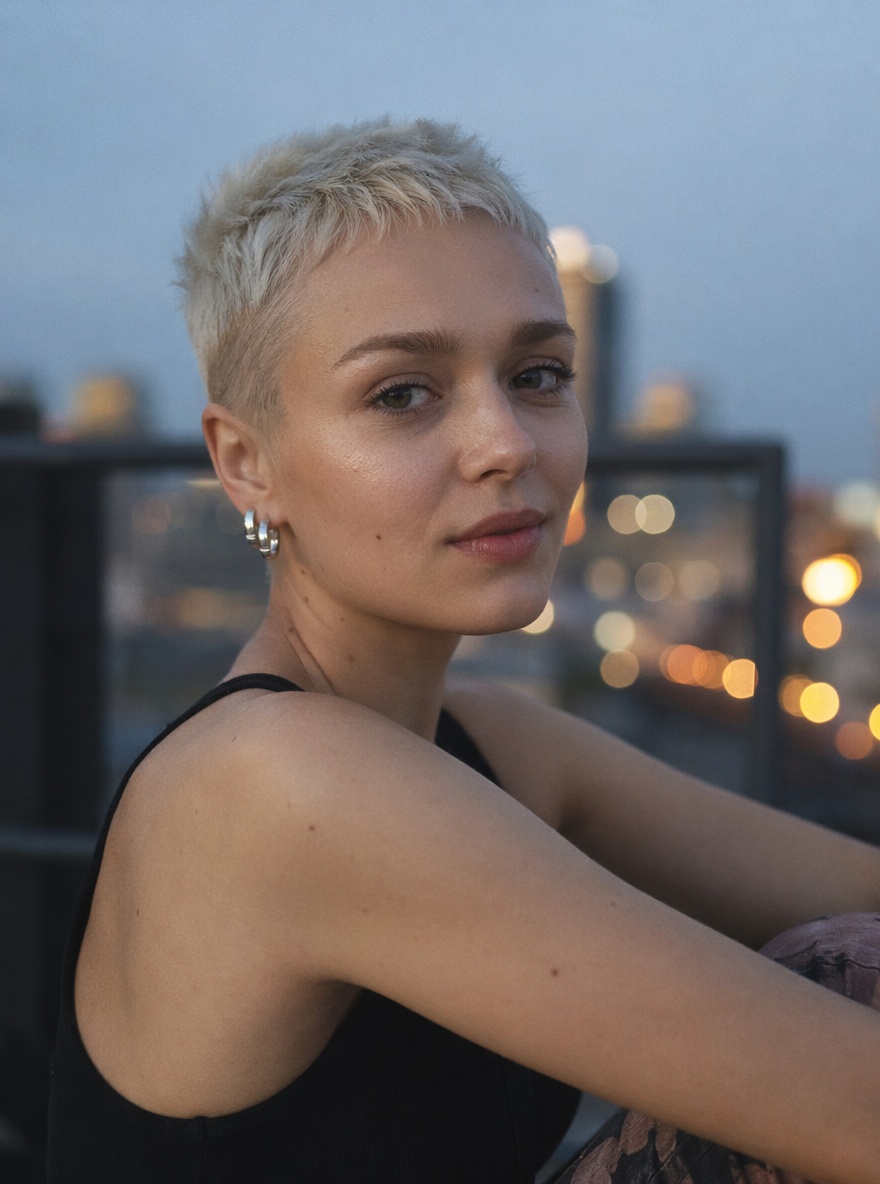 Krótkie pixie z mikro grzywką w platynowym blondzie - odważny wariant elfiego cięcia