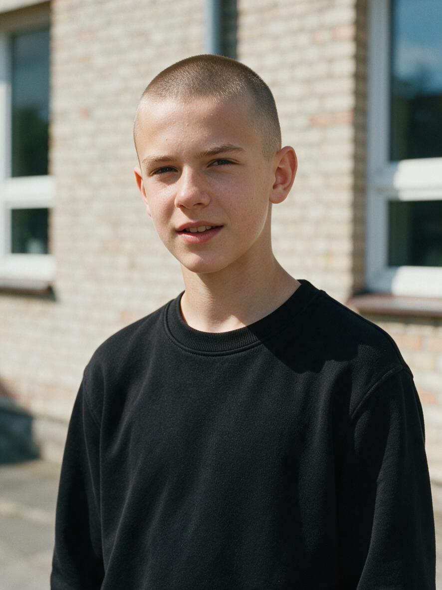 Fryzura dla nastolatka 15 lat - krótki równy buzz cut podkreślający rysy twarzy