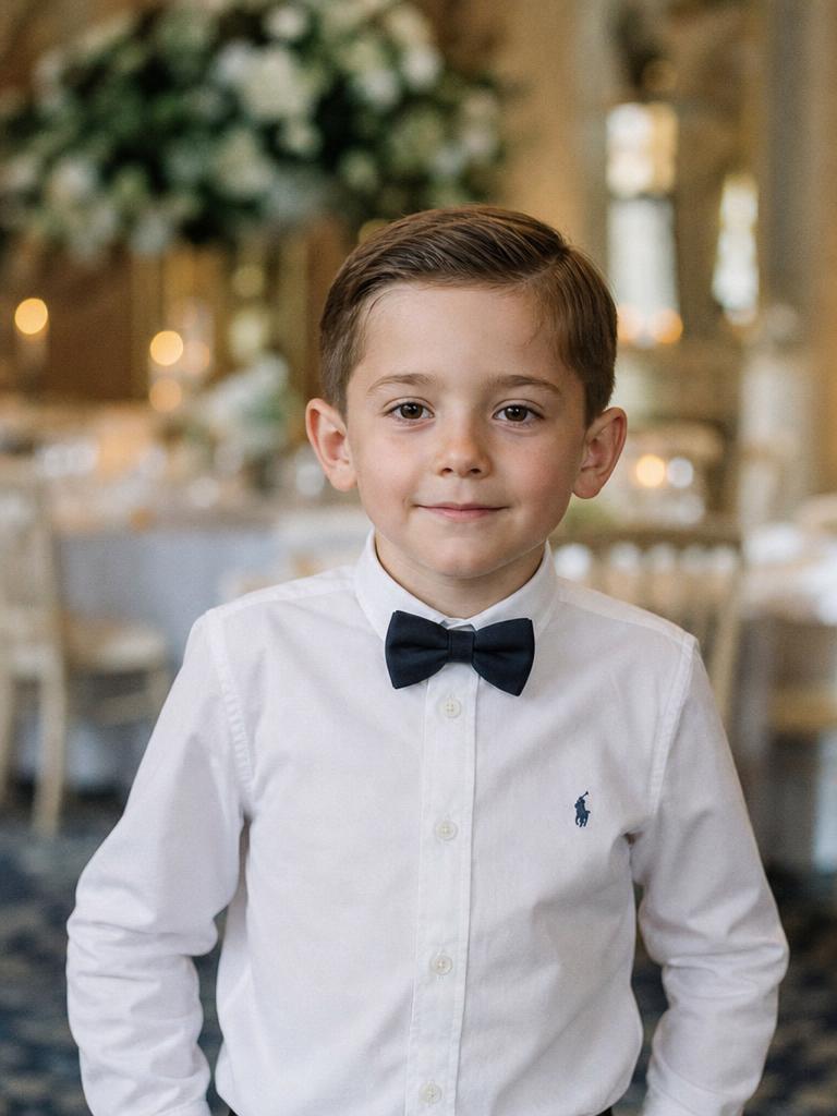 Elegancka fryzura dla dziecka na wesele u chłopca o brązowych włosach z przedziałkiem