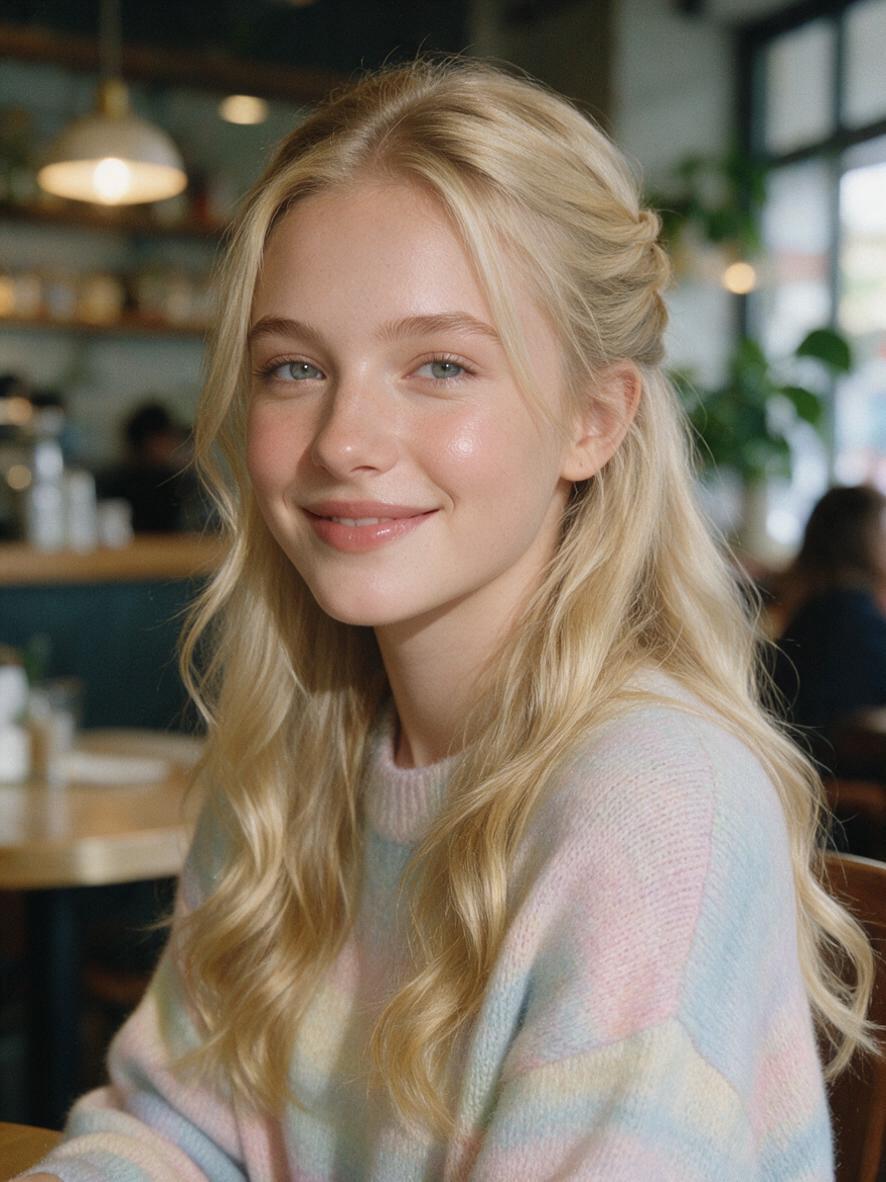 Nastolatka z blond włosami upiętymi half-up w kawiarni