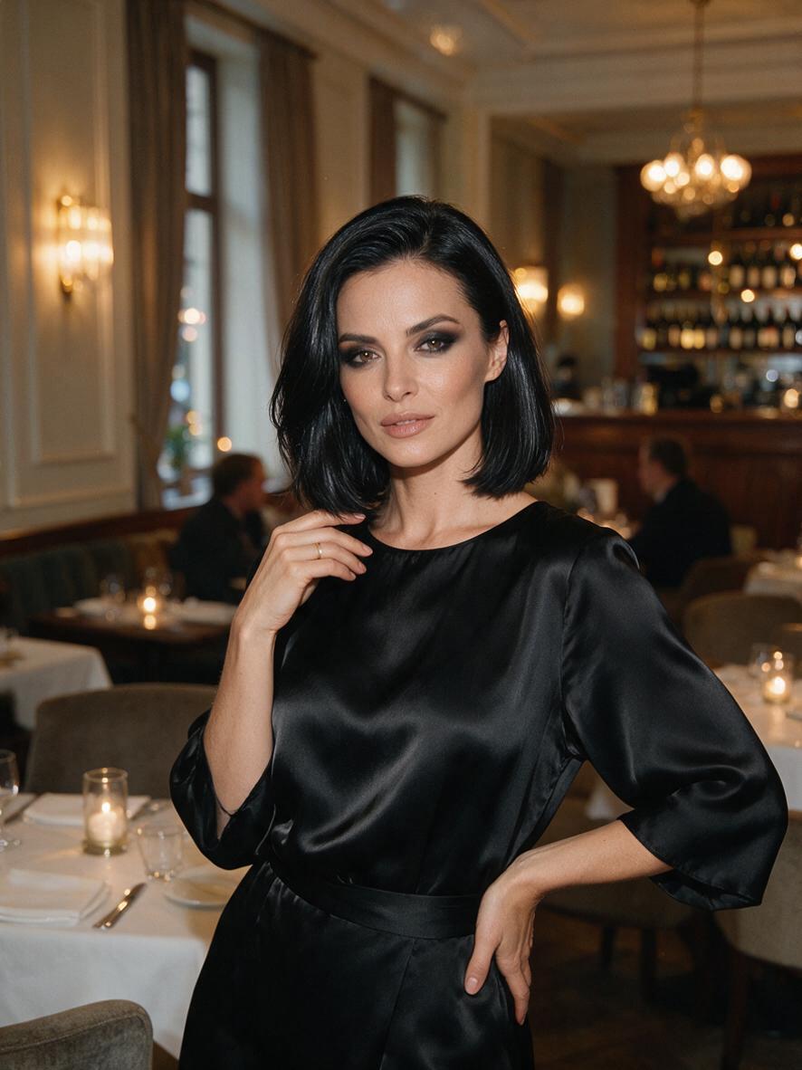 Elegancka fryzura do ramion na gładkich włosach w kruczoczarnym kolorze na wieczornym wyjściu