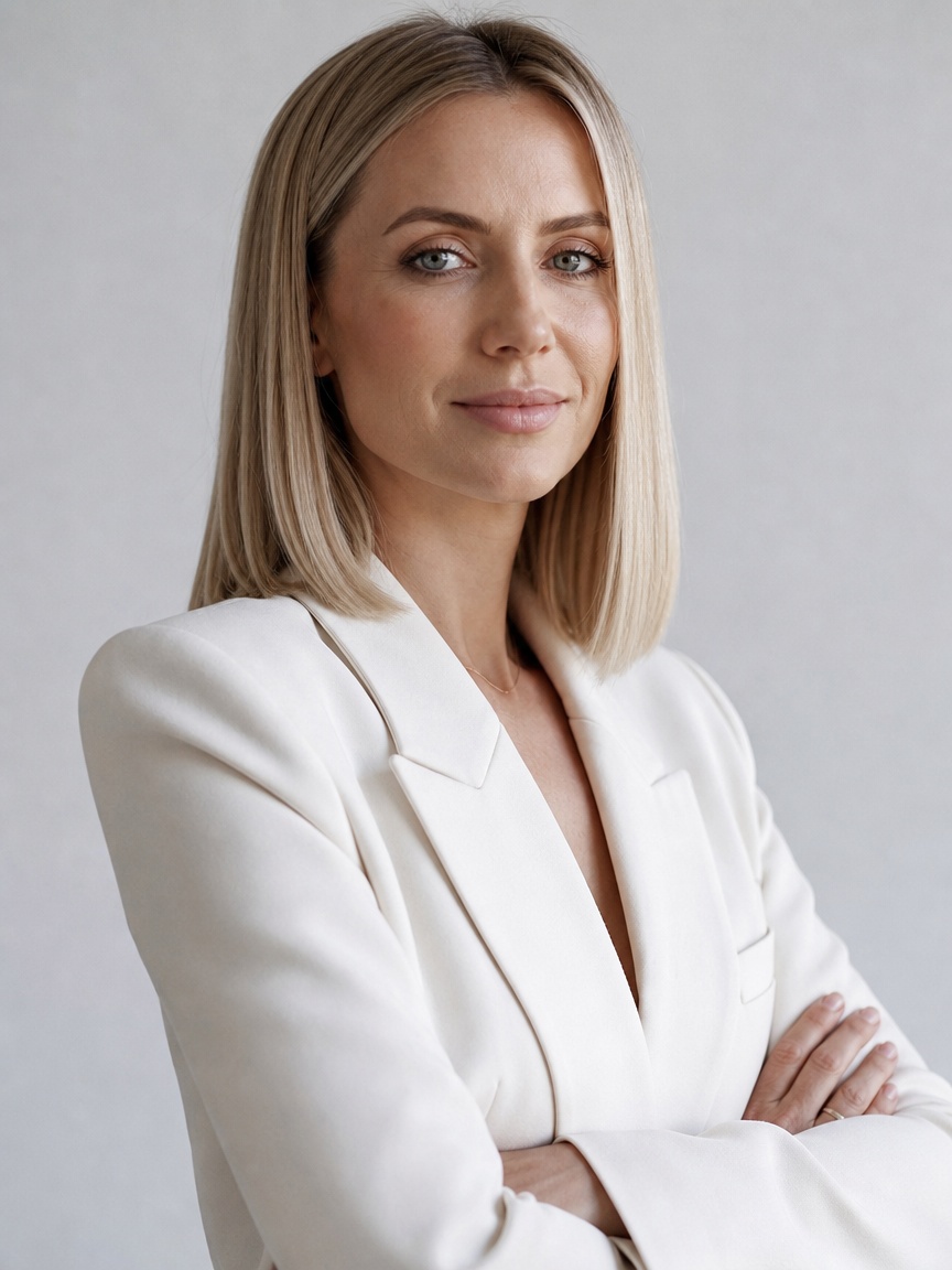 Prosta fryzura damska do ramion w platynowym blondzie w studyjnym świetle
