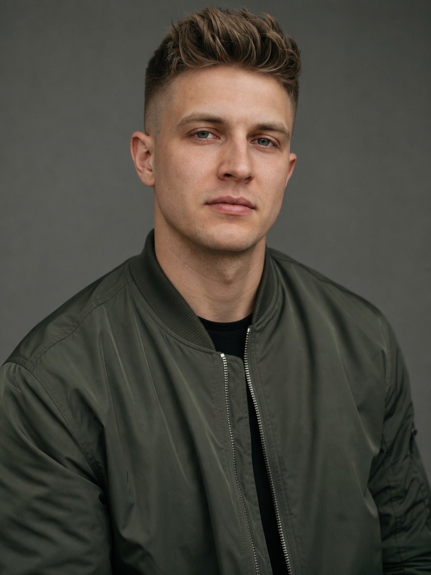 Fade z dłuższą górą i ciemny blond quiff z objętością