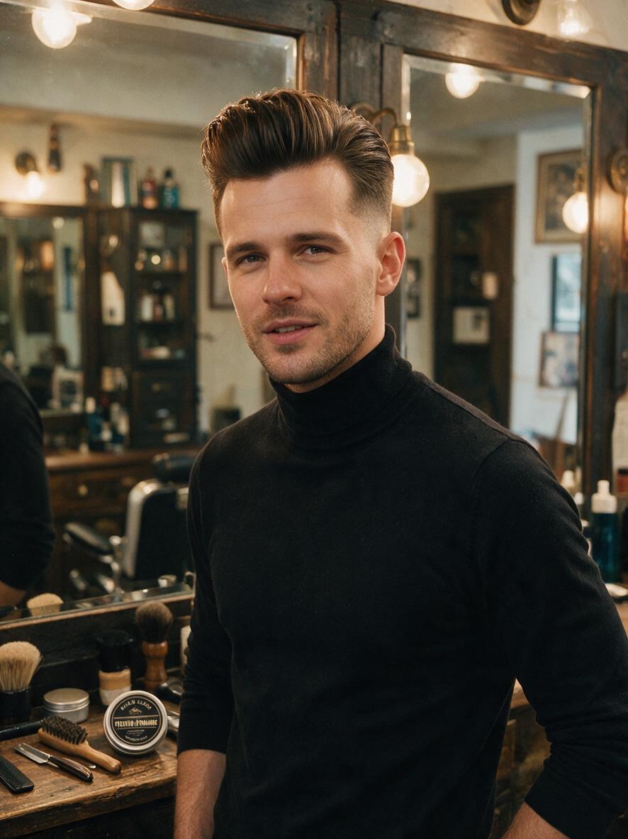 Mid fade u bruneta z pompadour i błyszczącym wykończeniem