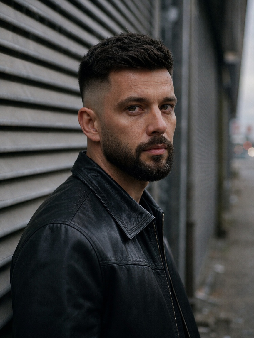 Skin fade u bruneta połączony z zadbaną brodą