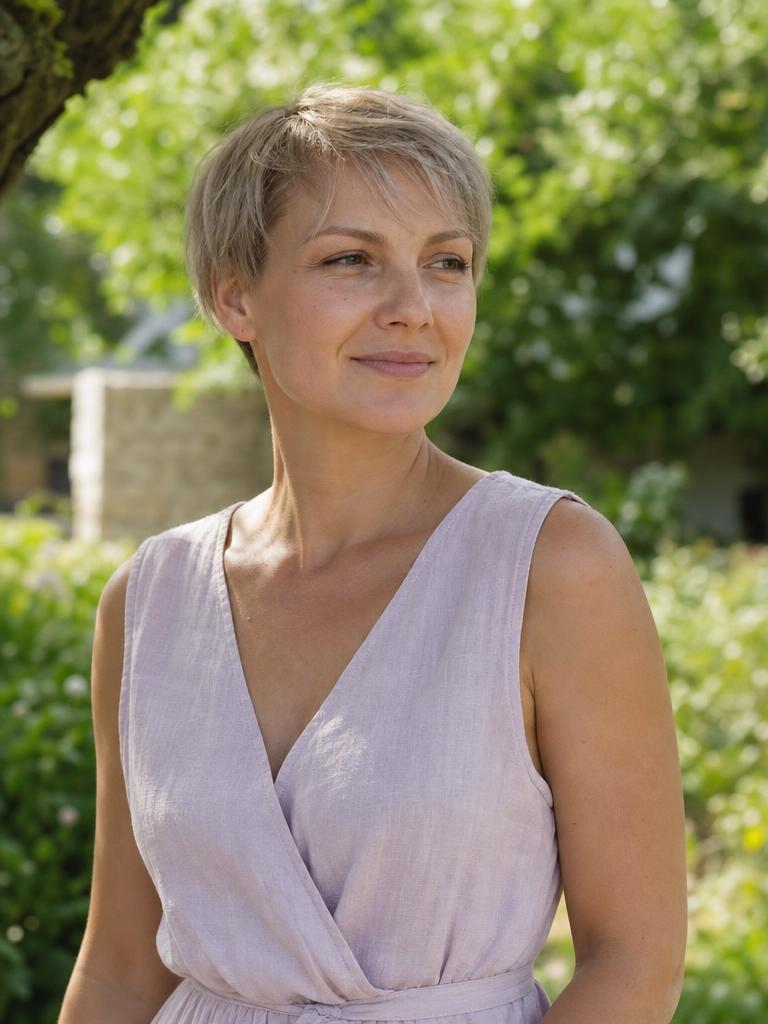 Półkrótka fryzura garson z grzywką w popielatym blondzie na tle ogrodu