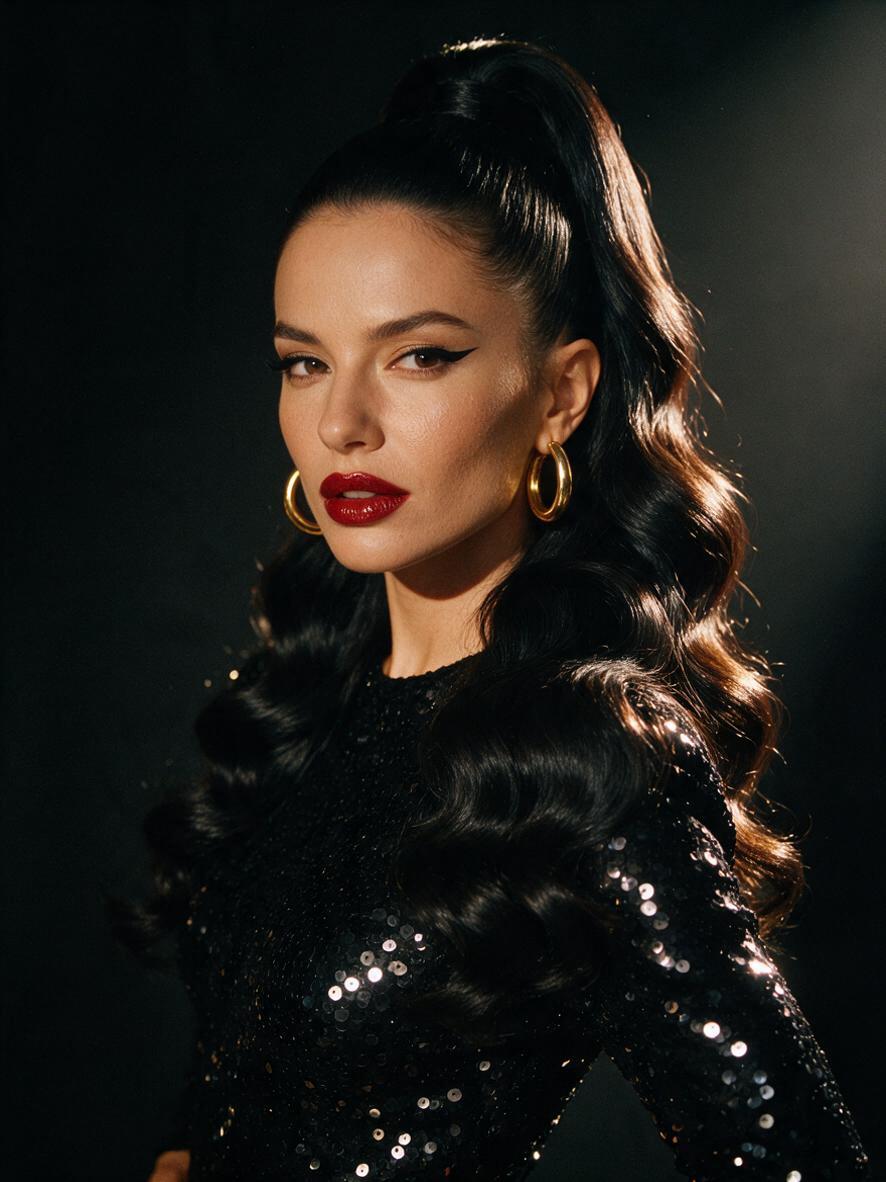 Kucyk z wyraźnymi falami glam na czarnych włosach
