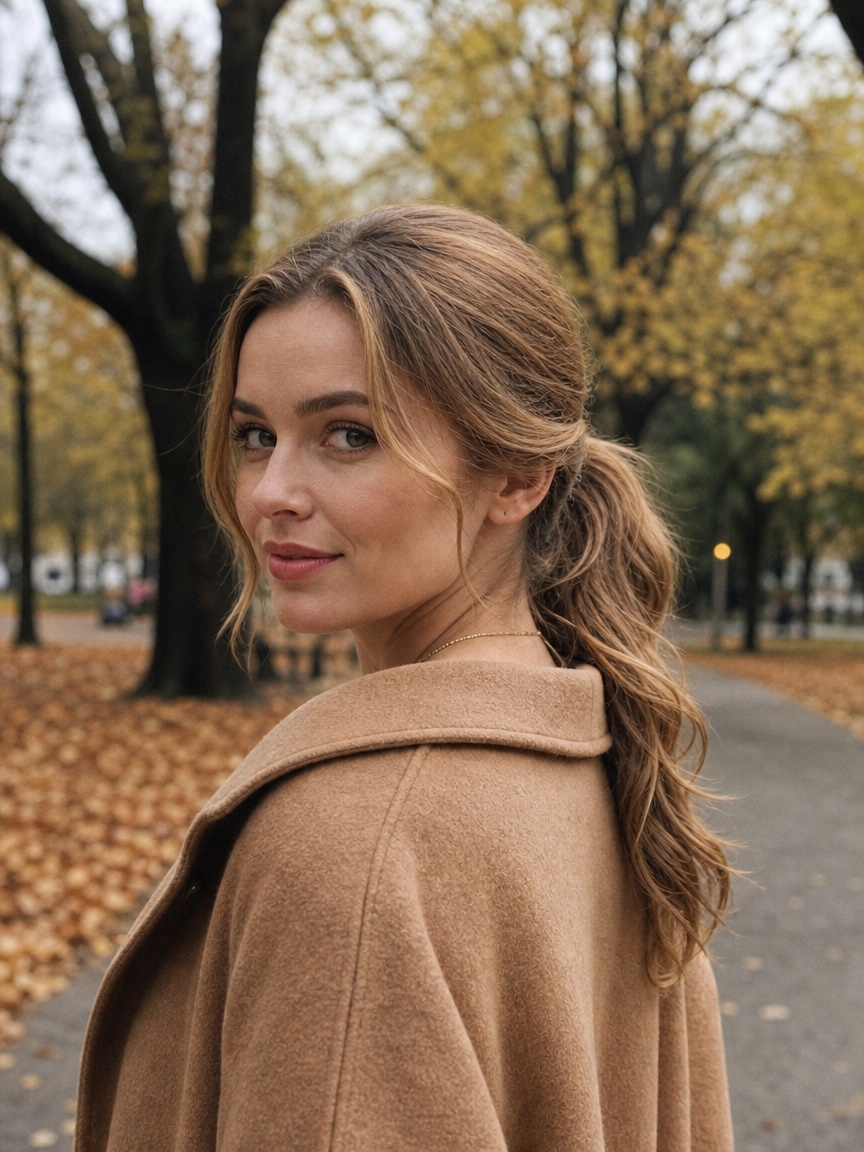 Niski elegancki kucyk z lekką falą na ciemnym blondzie