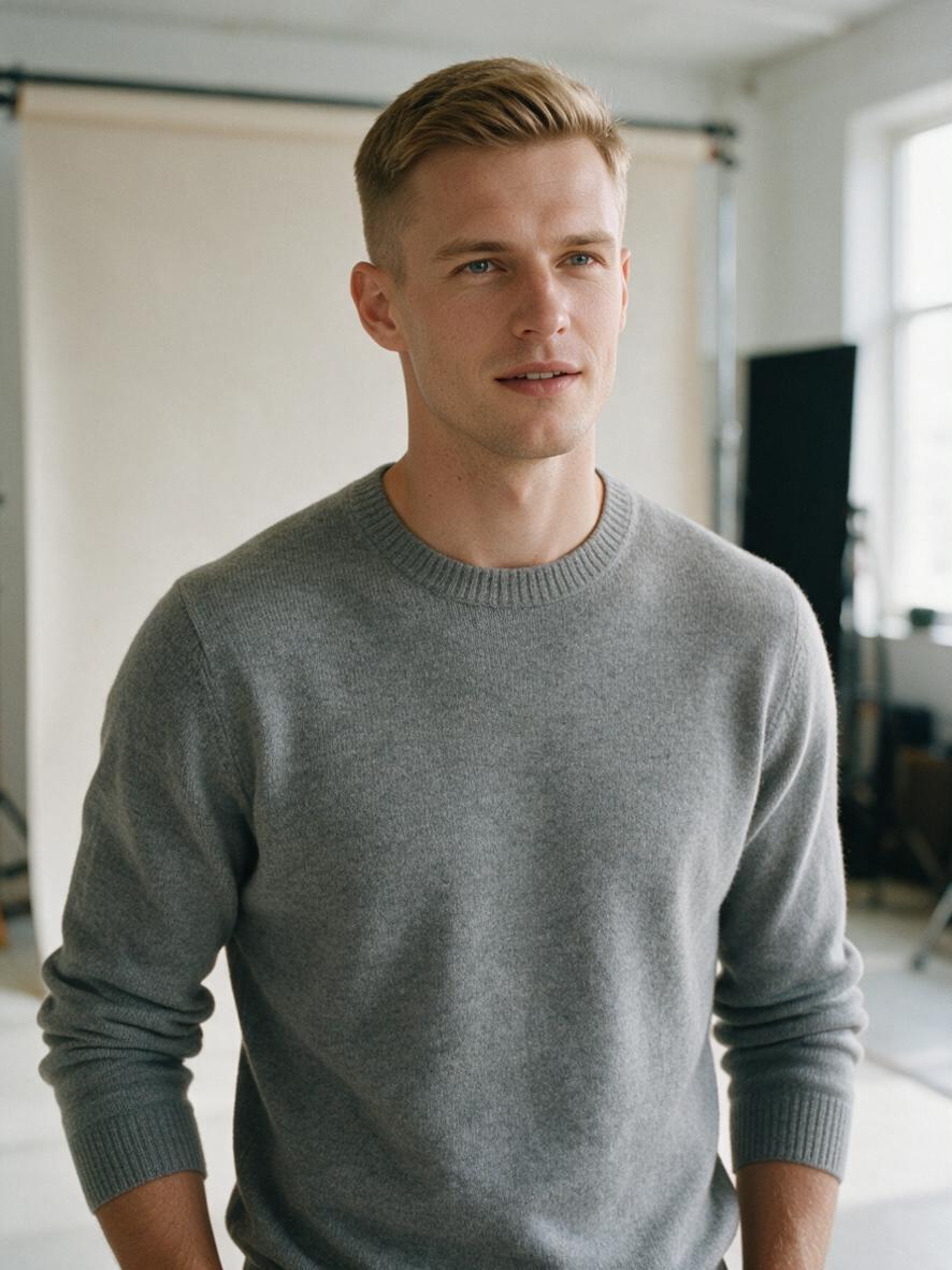 Klasyczna krótka fryzura męska w odcieniu ciemnego blondu na mężczyźnie w studio