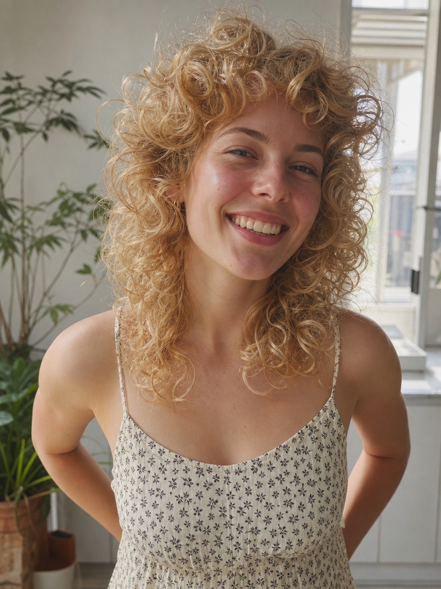 Blondynka z kręconym wolf cutem i sprężystymi lokami w słonecznym wnętrzu
