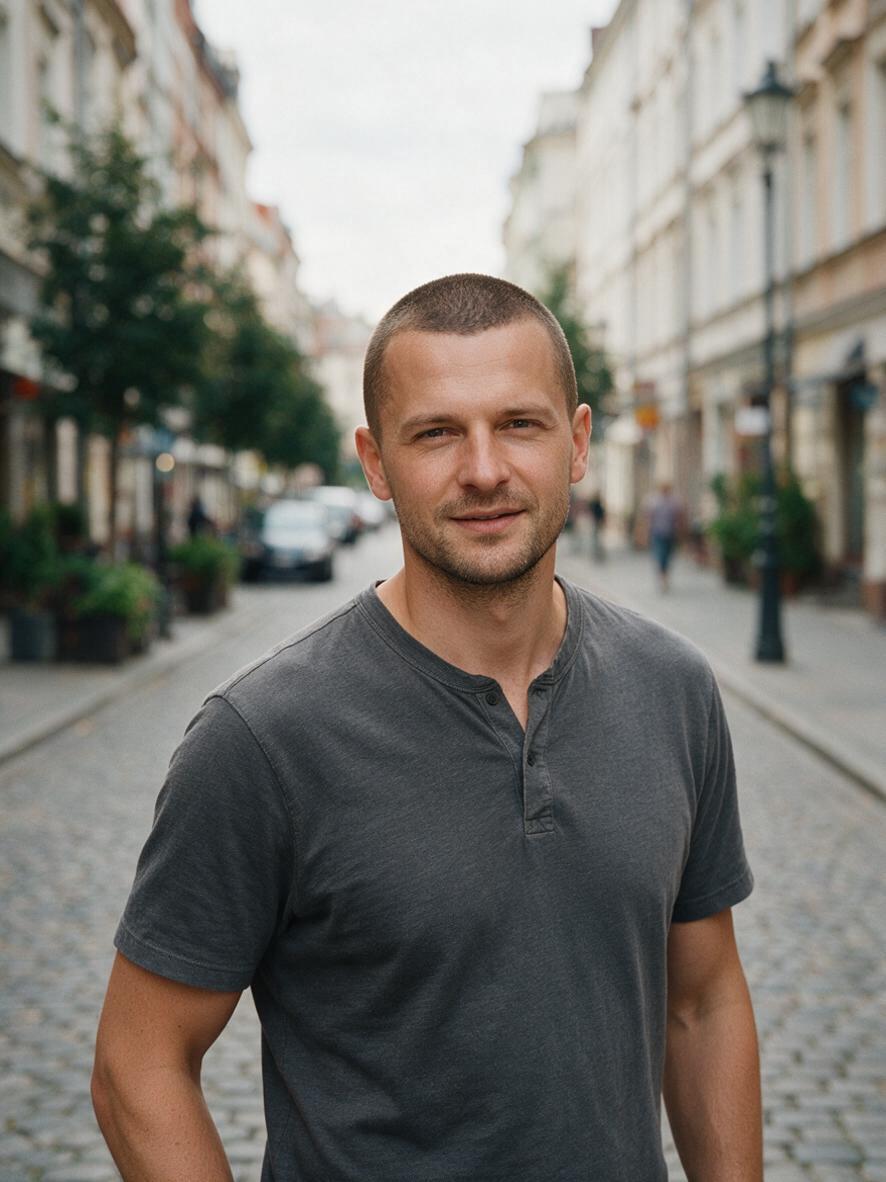 Bardzo krótkie męskie cięcie na zakola w ciemnobrązowym kolorze z zarostem