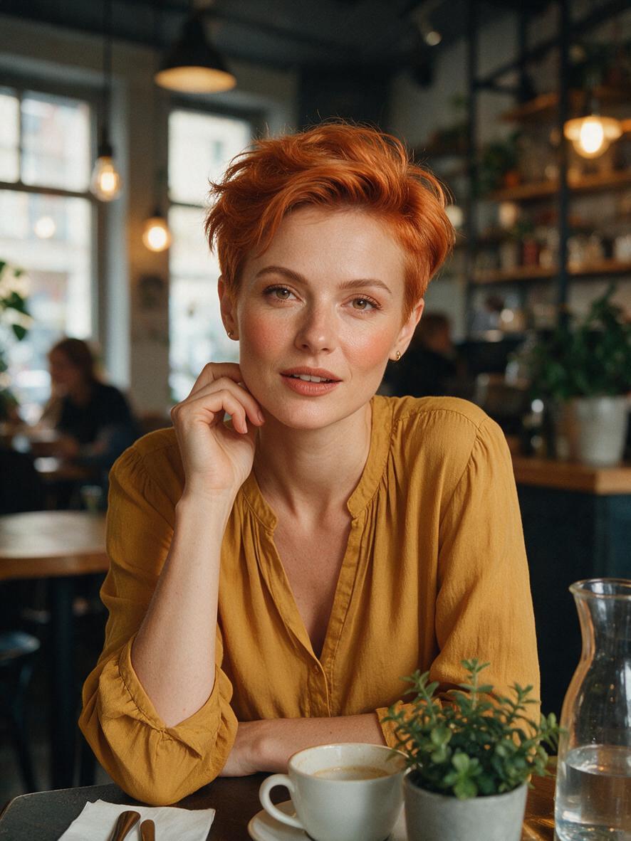 Fryzura pixie cut w miedzianym odcieniu na kobiecie w kawiarni