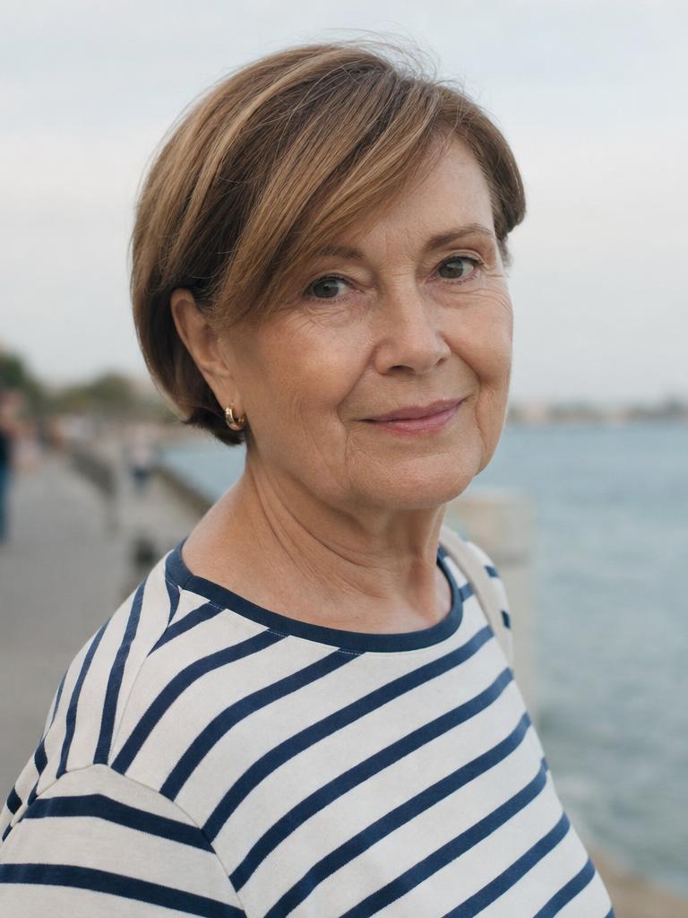 Fryzura na cienkie włosy dla 60-latki - półkrótkie cięcie z pasmami założonymi za ucho
