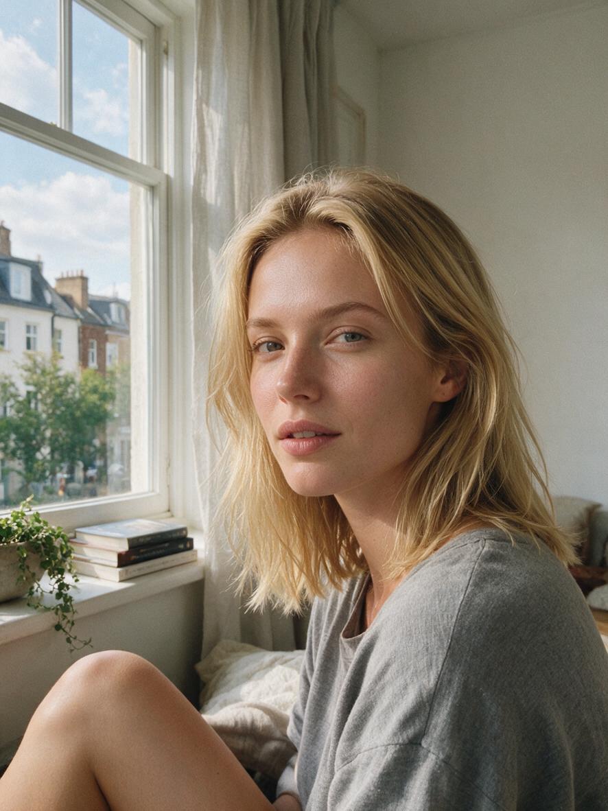 Kobieta z półdługimi blond włosami o naturalnej teksturze