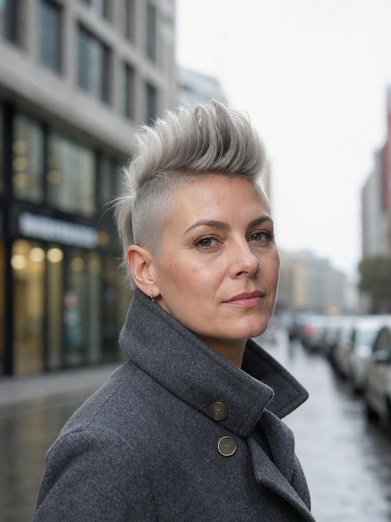Fryzura irokez damski w srebrno-siwym kolorze na tle miejskiej ulicy