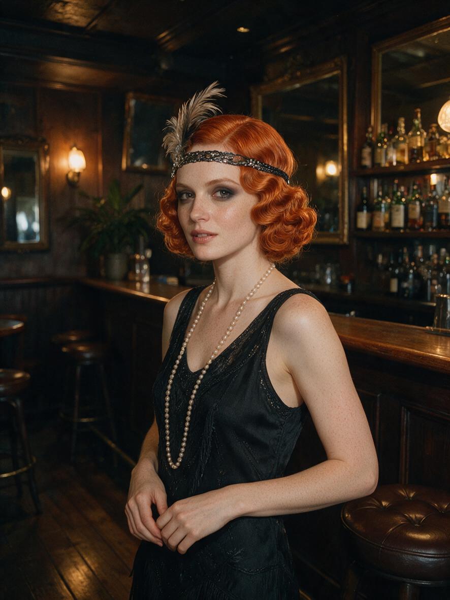Fryzura lata 20. z falami palcowymi na rudych włosach w stylu flapper