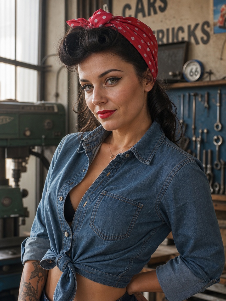 Fryzura lata 50. pin-up z chustą i podwiniętą grzywką na czarnych włosach