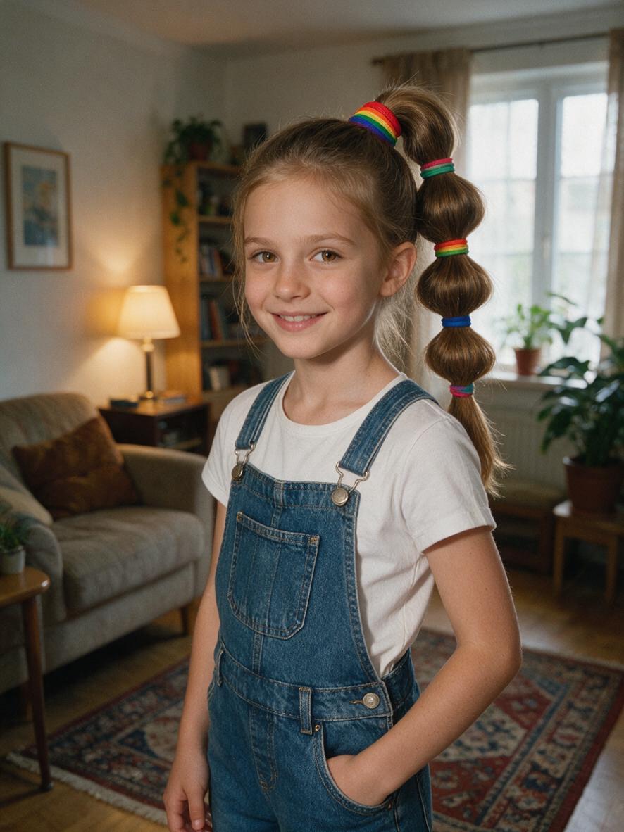 Szalona fryzura z piętrowymi kucykami ułożonymi jeden nad drugim