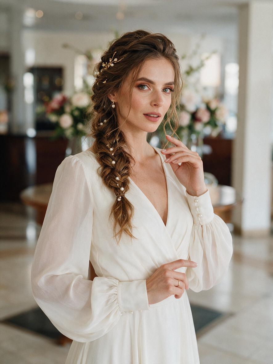 Fryzura z warkoczem na wesele boho z ozdobnymi wsuwkami na brązowych włosach