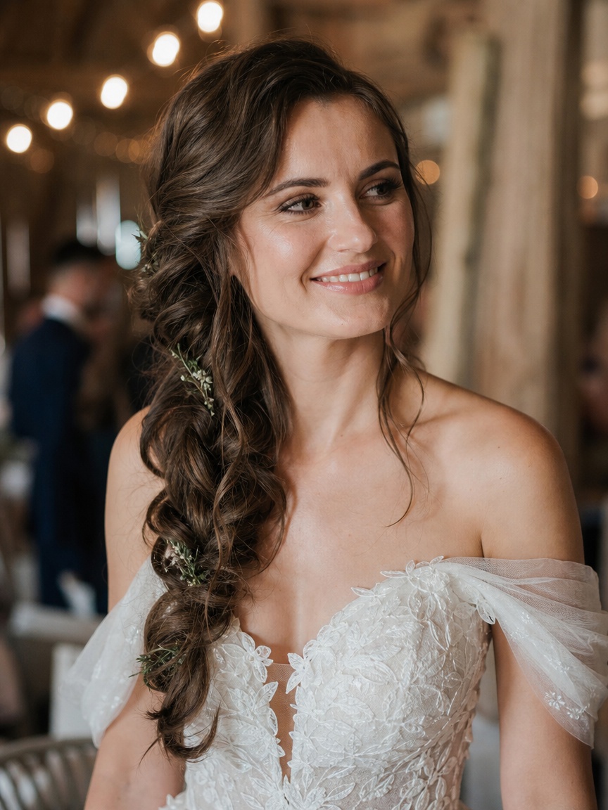 Fryzury z warkoczem na wesele boho z gałązkami zieleni w kasztanowych włosach