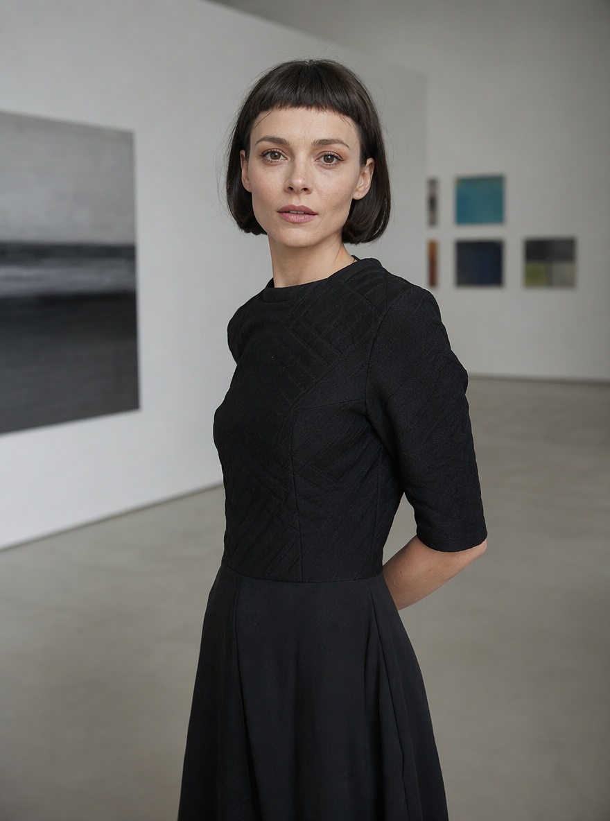 Mikro grzywka u brunetki we wnętrzu galerii sztuki