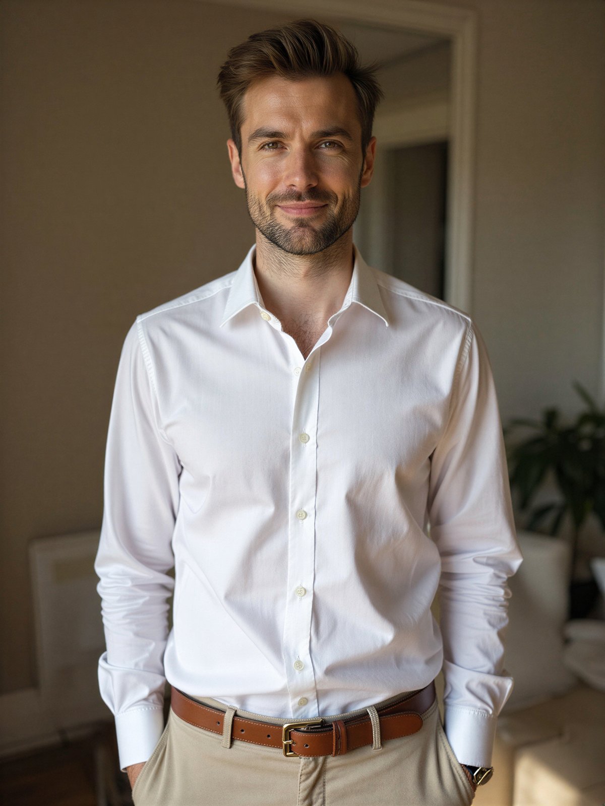 Mężczyzna Ubiera Się Chrzciny Elegancki Koszula Spodnie Jasne