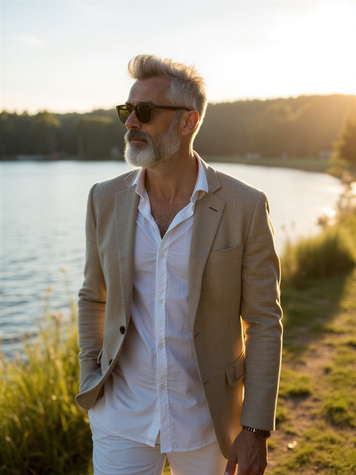 Plaża W Wieliszewie Mężczyzna Spacer Brzeg Jeziora Letni