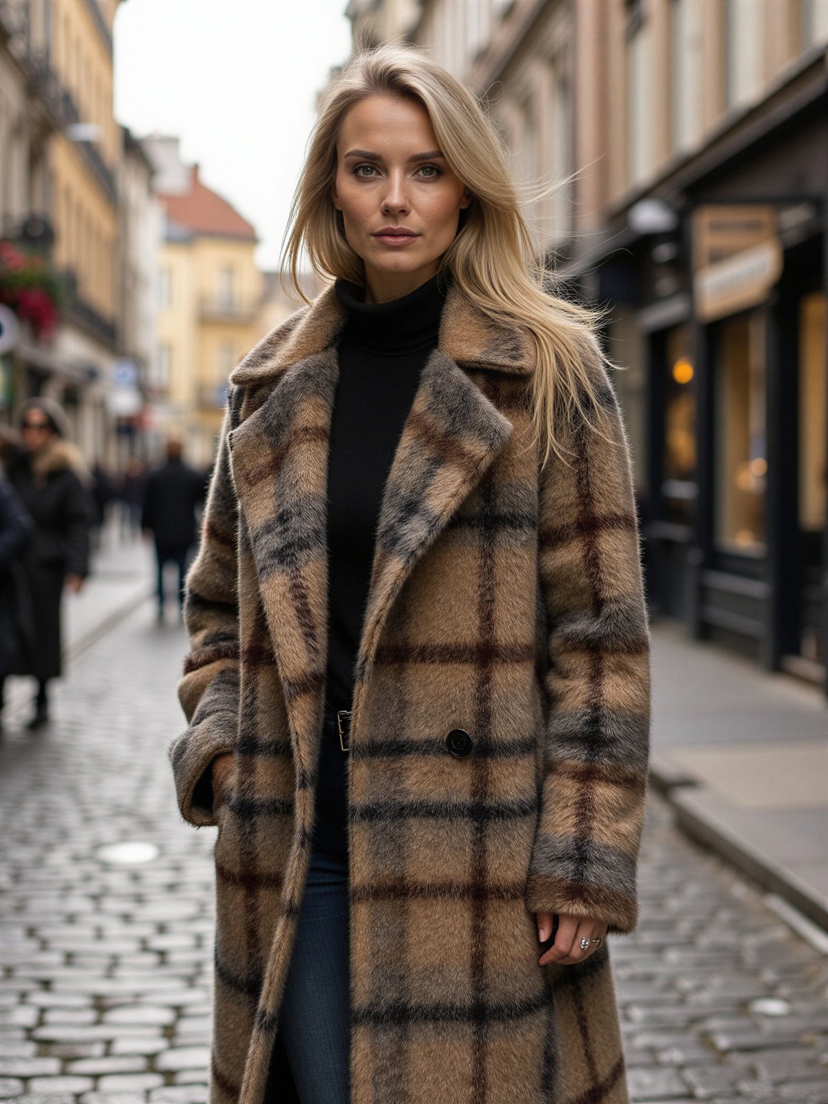 Płaszcz W Kratę Kobieta Jesienny Elegancki Uliczny Styl