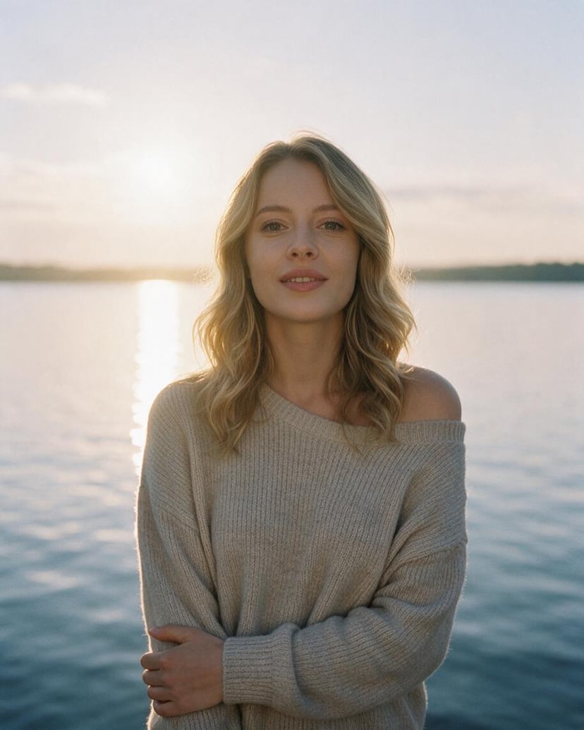 Coucher de soleil sur le lac femme